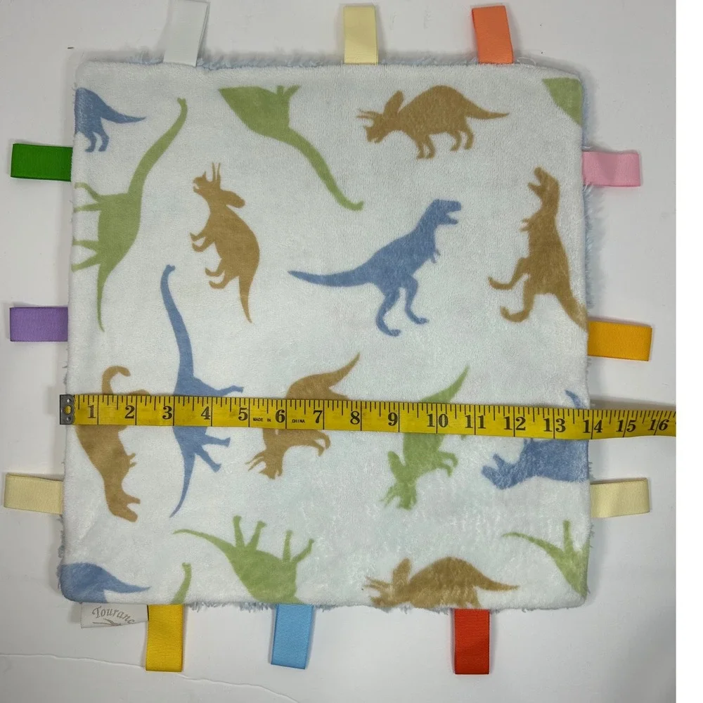 Tourance Baby Dinosaur Sensory Taggy‎ Blanket Blue Plush Faux Fur Ribbon Loops